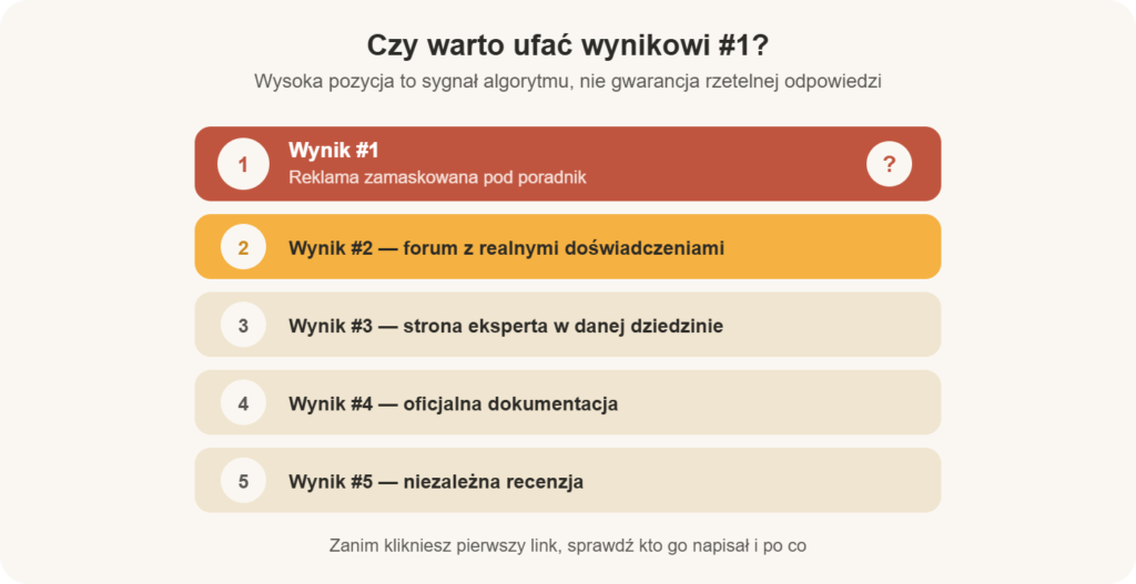 Ranking wyników Google z wynikiem #1 oznaczonym jako niepewny