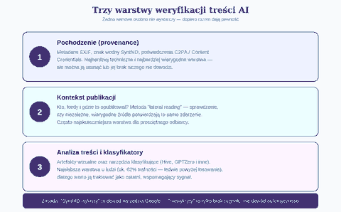 Trzy warstwy weryfikacji treści AI - pochodzenie, kontekst, analiza treści